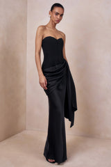 Nalira | Black Satin Bandeau Maxi Dress With Draped Skirt