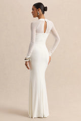 Fleurisia | White Square-Neck Maxi Dress With Mesh Long-Sleeves
