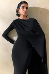 Salenne | Black Wide-Neck Maxi Dress With Satin Asymmetric-Cape