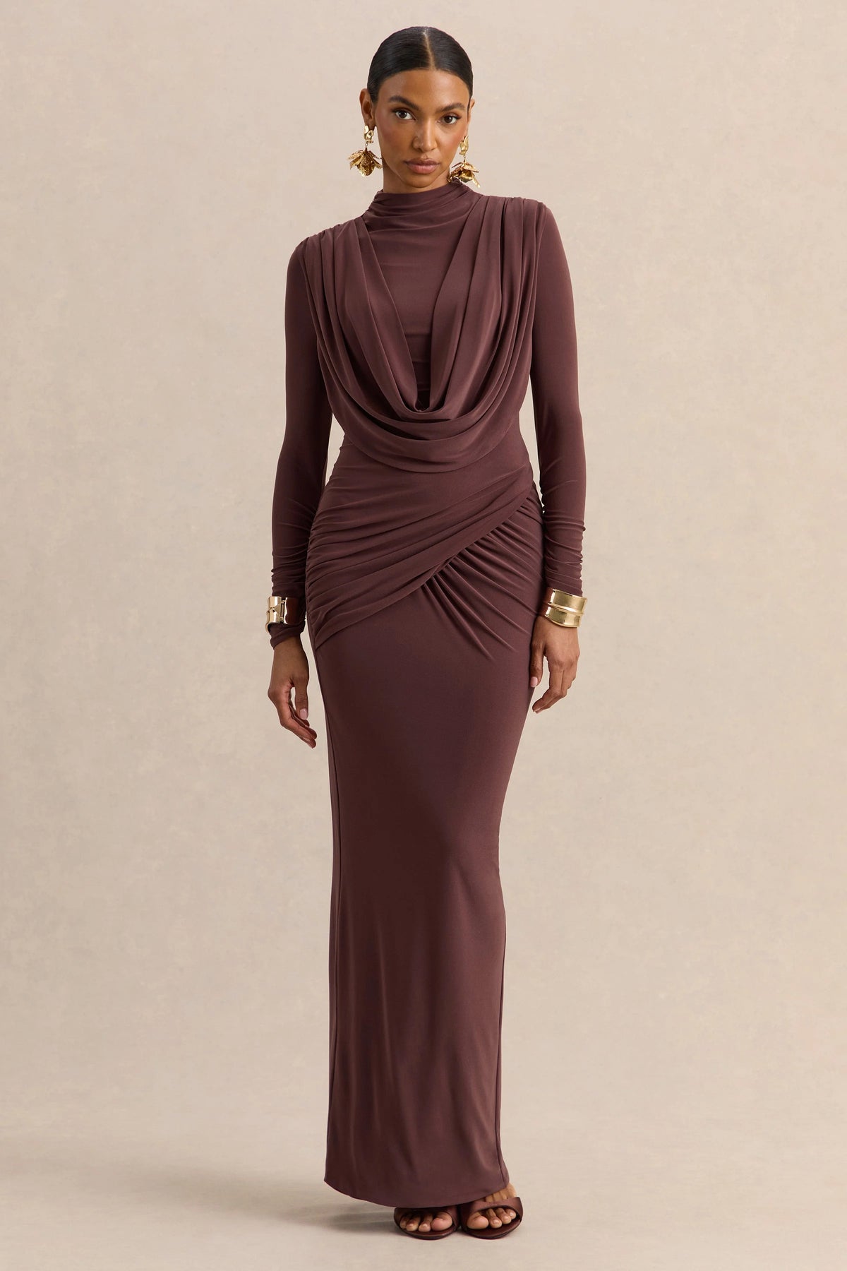 Karinthia | Brown High-Neck Maxi Dress With Draped-Detailing
