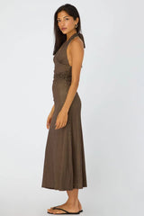 Brown Polka Dot Halter Neck Midi Dress