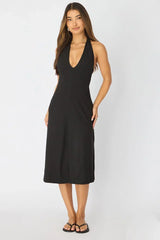 Black Midi Dress Deep V-neck