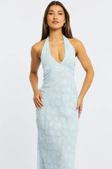 Blue Midi Dress Halter Neck