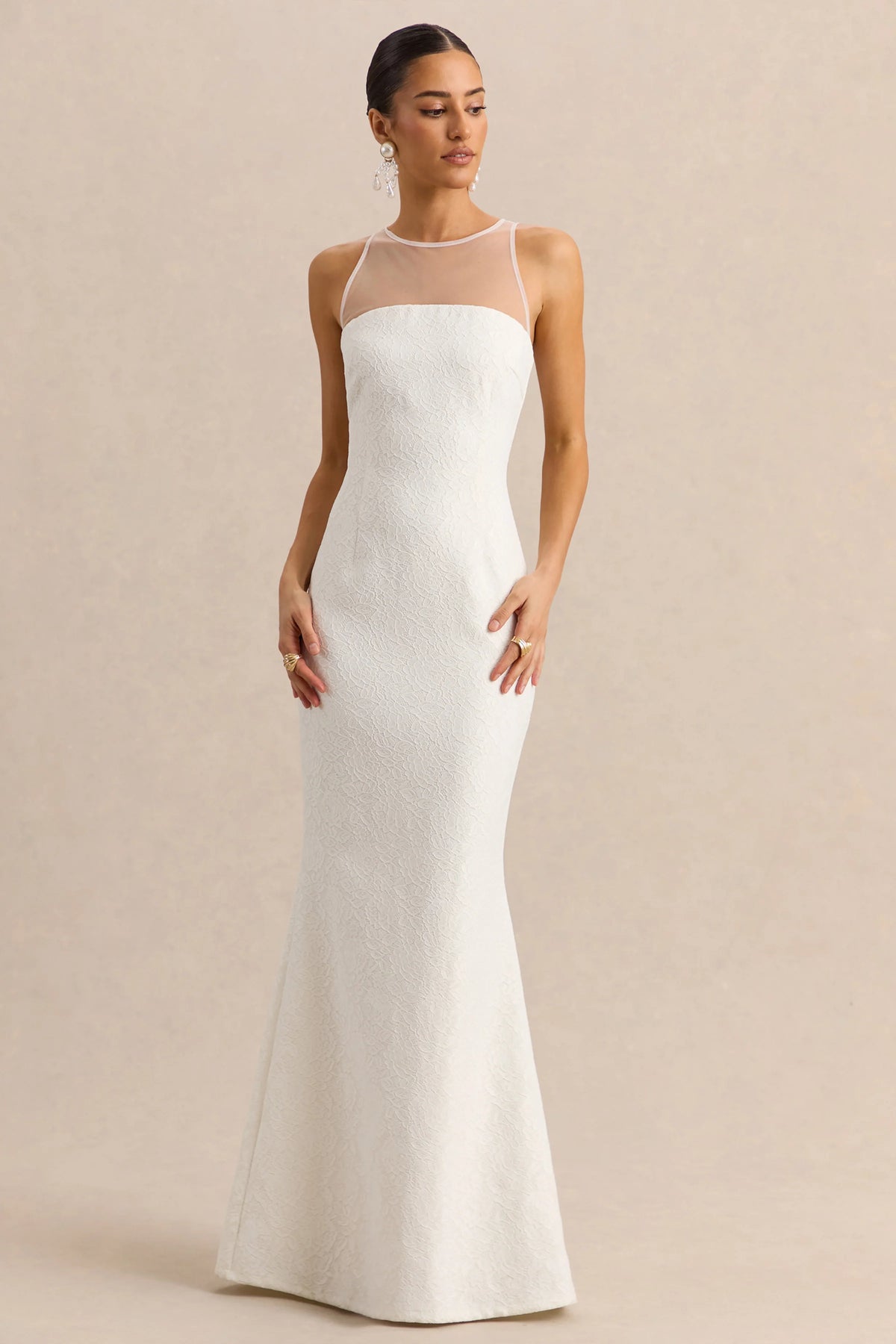 Rosevine | White Lace Crew-Neck Maxi Dress With Mesh Panel