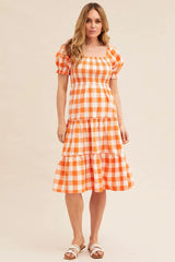 Check Short Sleeve Shirred Midi Dress