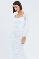 White Midi Dress Long Sleeve Square Neck Ruched Bodycon