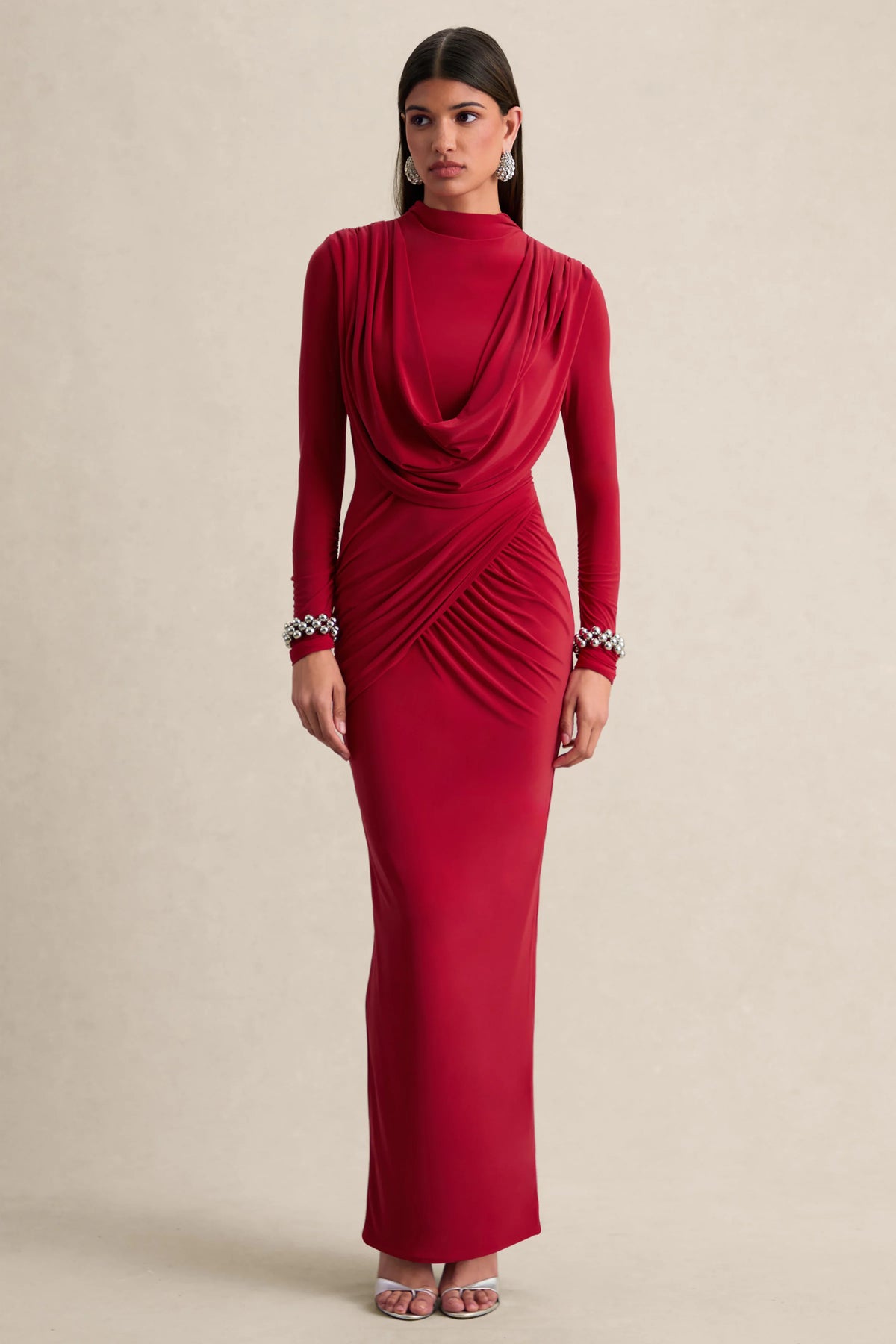 Karinthia | Red High-Neck Maxi Dress With Draped-Detailing