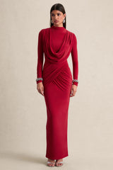 Karinthia | Red High-Neck Maxi Dress With Draped-Detailing