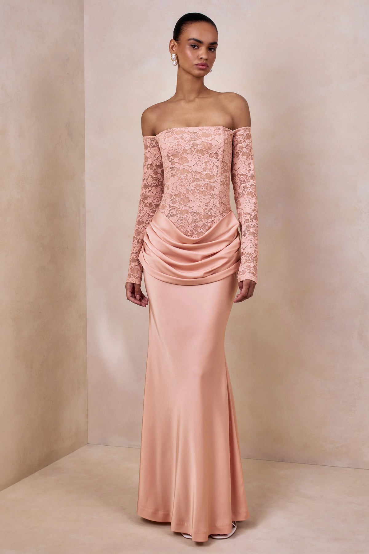 Rinna | Pink Lace And Satin Bardot-Neck Maxi Dress