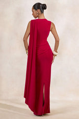 Aralyn | Red Plunge Cowl-Neck Maxi Dress With Sash Detail