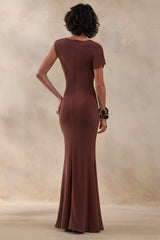 Blaire | Brown Asymmetric-Neck Maxi Dress With Gold-Detailing