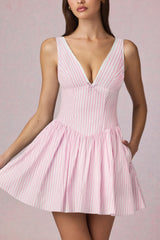 Bow-Detail A-Line Mini Dress in Soft Mauve Stripe