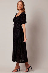 Black Midi Dress Short Sleeve Side Split