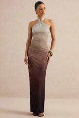 Thera | Brown Ombre Halter-Neck Maxi Dress With Gold Detail