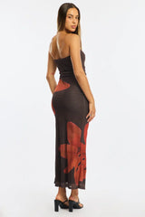 Brown Floral Strapless Maxi Dress