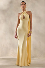 Rhoda | Lemon Twist Halter-Neck Cape Maxi Dress