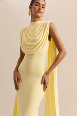 Patrina | Lemon High-Neck Maxi Dress With Draped-Detailing And Cape-Sleeves
