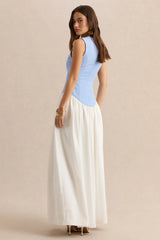 Iliana | Powder Blue And White Crew-Neck Maxi Dress With Drop-Waist And Pleated Skirt