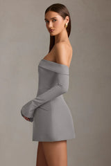 Off-Shoulder Structured A-Line Mini Dress in Grey