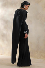 Salenne | Black Wide-Neck Maxi Dress With Satin Asymmetric-Cape