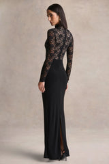 Justina | Black High-Neck Maxi Dress With Gathered-Detailing