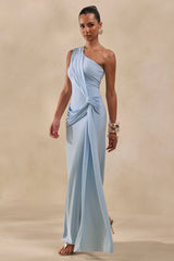 Lunoria | Powder Blue Asymmetric-Neck Maxi Dress With Gathered-Detailing