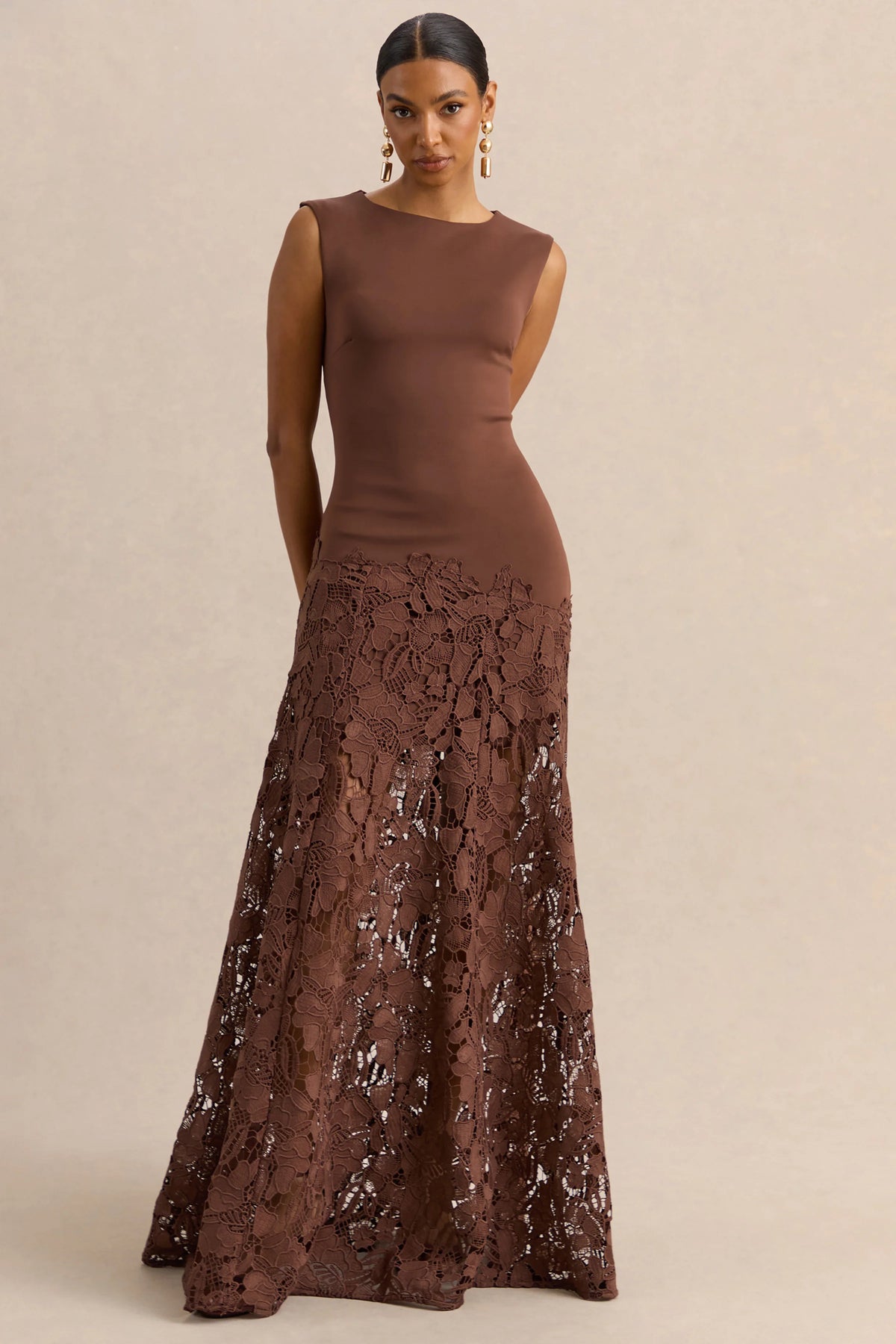 Calune | Brown Lace Wide-Neck Maxi Dress