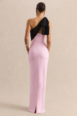 Adara | Pink & Black Asymmetric-Neck Maxi Dress With Bow-Detail