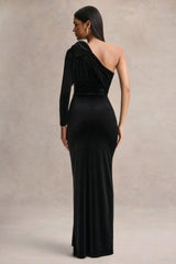 Farryn | Black Asymmetric-Neck Maxi Dress With Bow Detail