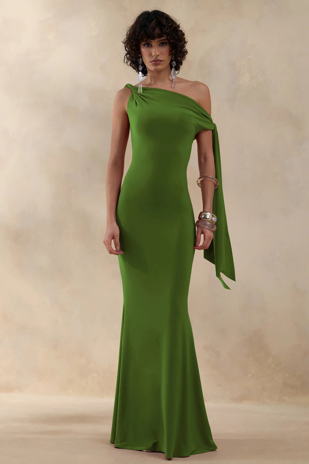 Vista | Green Asymmetric-Neck Maxi Dress With Knot-Sleeve Detail