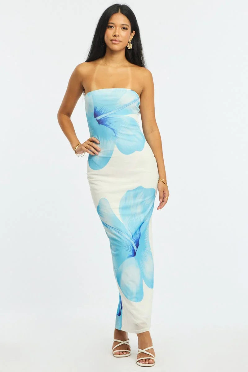 Blue Floral Strapless Maxi Dress