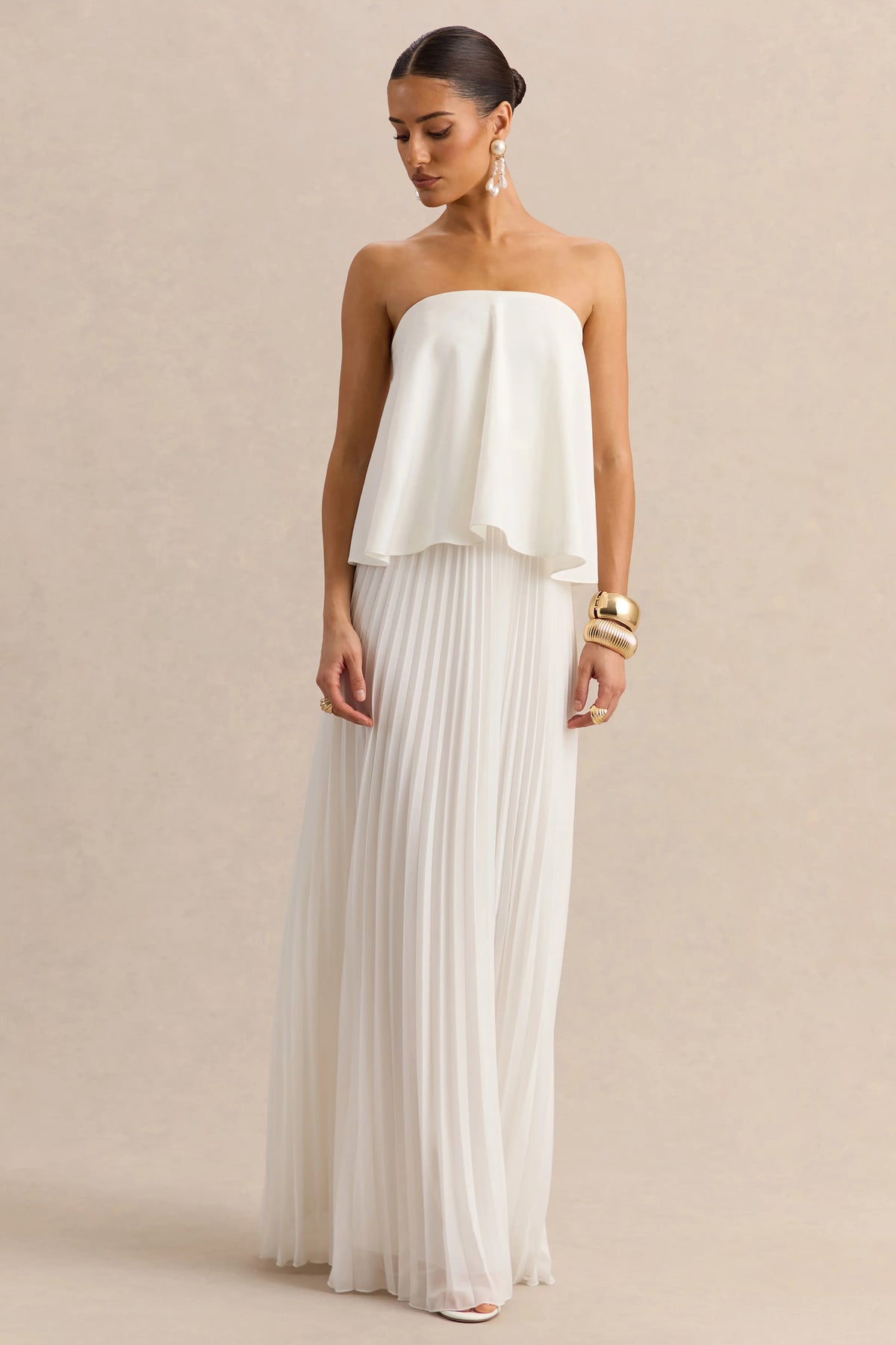 Saralyn | White Bandeau Maxi Dress With Pleated-Skirt