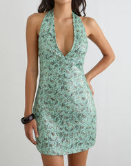 Hepasi Halter Mini Dress in Paisley Sequin Teal