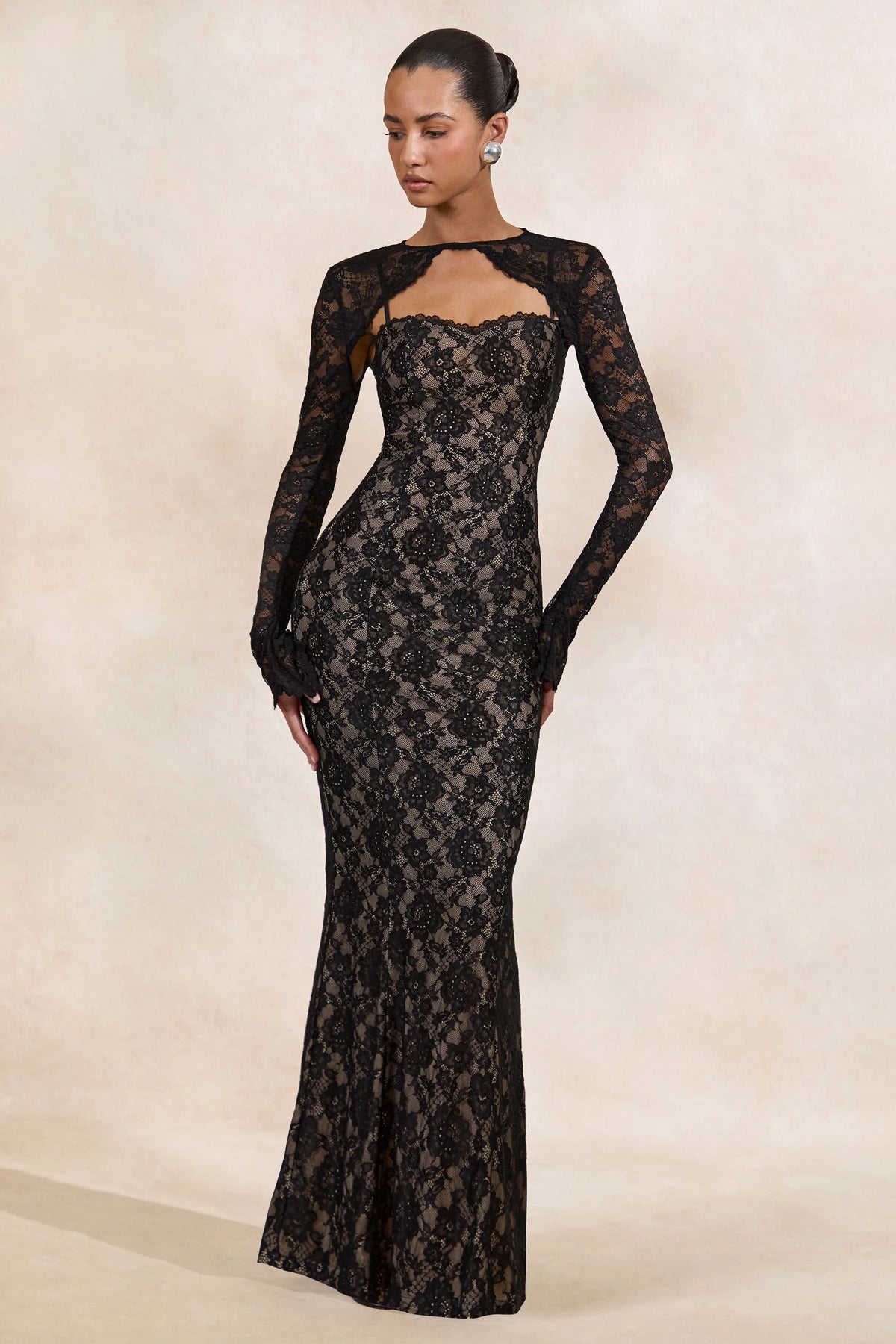 Mirellia | Black Lace Sweetheart-Neck Maxi Dress