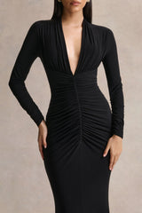 Tami | Black Plunge-Neck Long Sleeve Maxi Dress