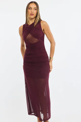 Red Midi Dress Cut Out Detail Mesh