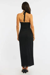 Black Maxi Dress Beading Trim Textured Fabric
