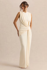 Blythia | Cream Round-Neck Maxi Dress With Gathered-Detailing