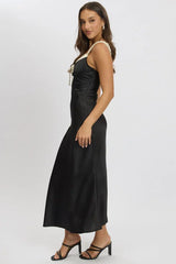 Black Midi Dress Elasticated Shoulder Strap Satin