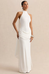 Lorintha | White High-Neck Maxi Dress With Draped-Detailing