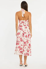 Red Floral Halter Neck Midi Dress