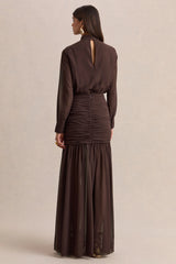 Zella | Brown High-Neck Maxi Dress With Sheer-Skirt