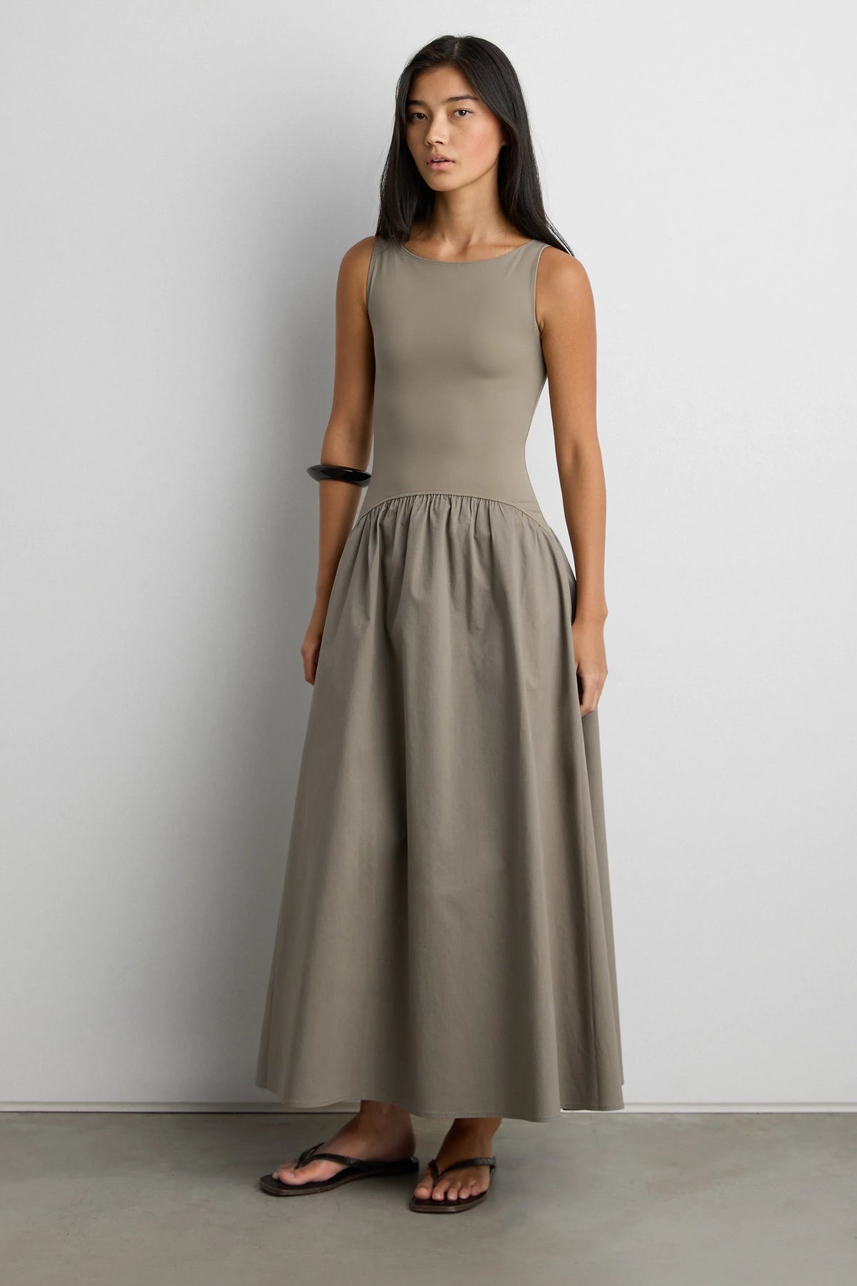 BOAT NECK GATHERED WAIST MIDI DRESS