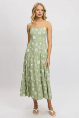 Green Abstract Midi Dress Tiered Strappy