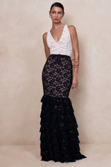 Isoria | Black And White Lace Halter-Neck Maxi Dress With Bow-Belt Detail
