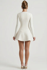Bow-Detail Plunge-Neck A-Line Mini Dress in Ivory
