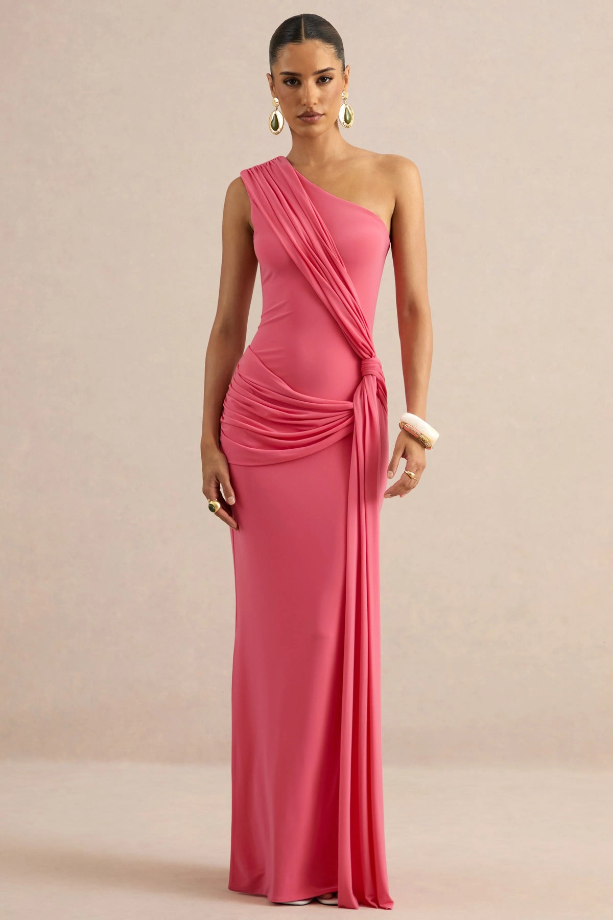 Lunoria | Coral Asymmetric-Neck Maxi Dress With Gathered-Detailing