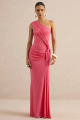 Lunoria | Coral Asymmetric-Neck Maxi Dress With Gathered-Detailing