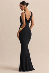Armelia | Black Cowl-Neck Maxi Dress With Scarf-Detail