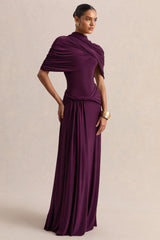 Evelisse | Plum High-Neck Maxi Dress With Short-Cape Sleeves